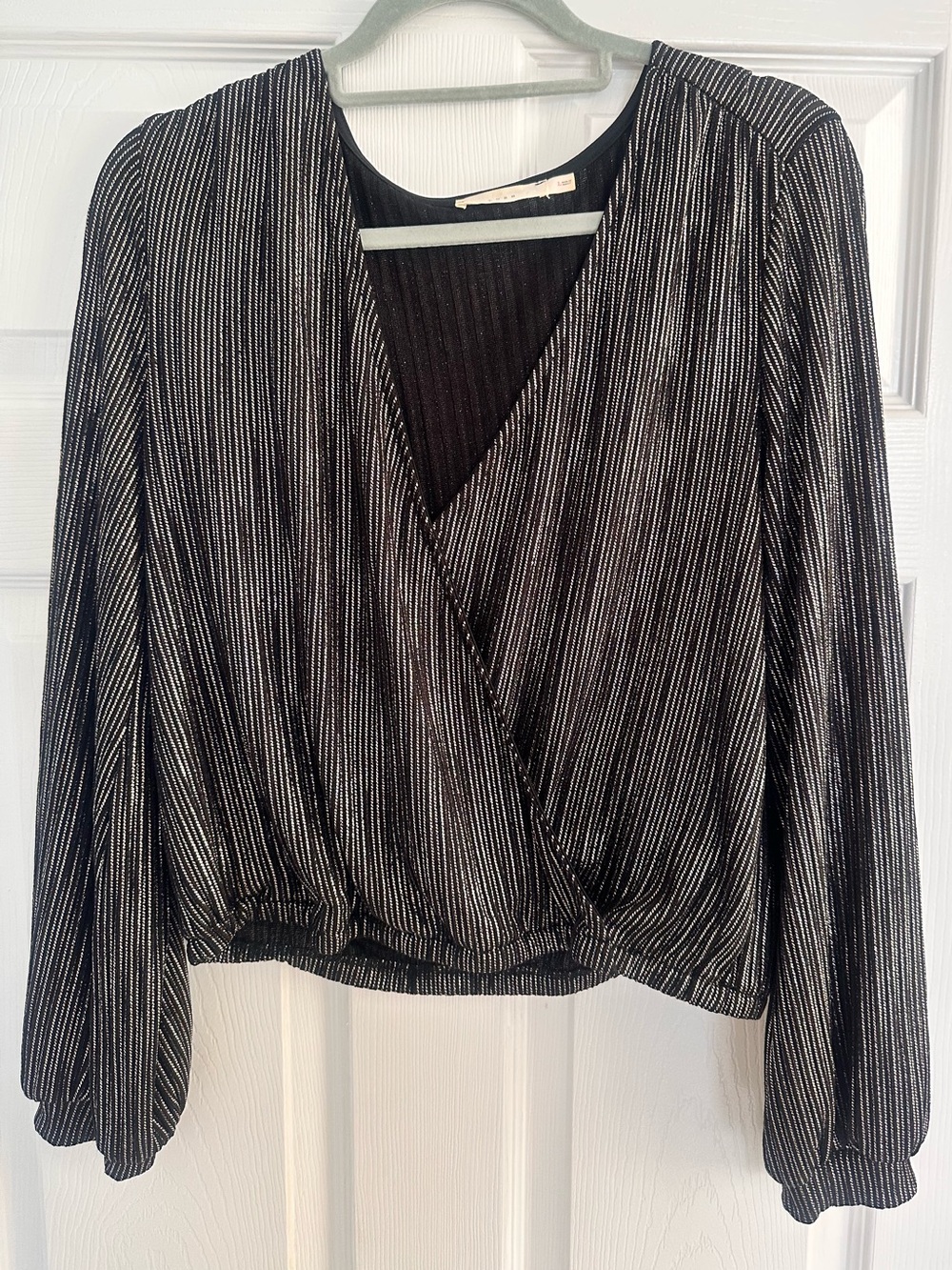Women’s Black & Silver Metallic Surplice Long Sleeve Top | Shimmer Party Blouse